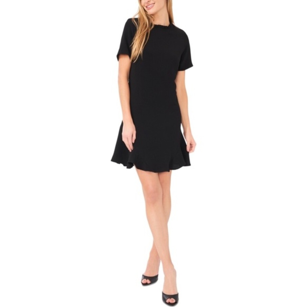 CeCe Women's Ruffle Trim Short Sleeve Godet A-Line Little Black Dress Size 6